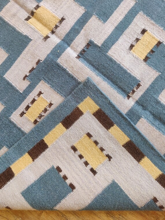 Cotton Wool Rug, Blue Geometric Handwoven Area Rug, Modern Flatweave Living Room Carpet, Scandinavian Bedroom Rug, Soft Durable Rug, 8x10