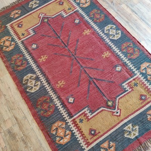 Handmade Large Kilim Rug, Handwoven, Wool and Jute Rug, Handmade Kilim Dhurrie Rug, Motifs, Oriental, Traditional Indian, Geometric, Turkish