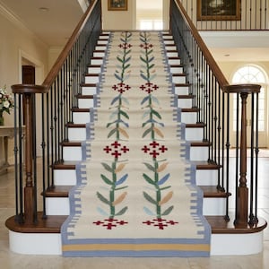 May include: A long stair runner rug featuring a cream-coloured base with a repeating vertical pattern of dark red cross-shaped flowers and alternating green and light blue leaves, finished with a light blue and yellow border along the bottom edge.