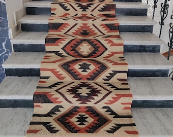 2.5X10 Wool Jute Handwoven Kilim Runner Rug, Multi Color Runner Rug, Bedside Runner, Custom Stair Bohemian, Hallway, Kitchen Runner, Gifts