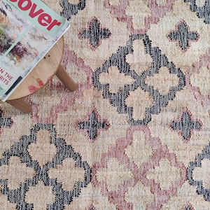 Beige Jute and Cotton Rug with Red Diamond, Natural Jute Hand Woven Premium Quality Boho Style Rug Moroccan Nordic Rug Bohemian Decor Rug