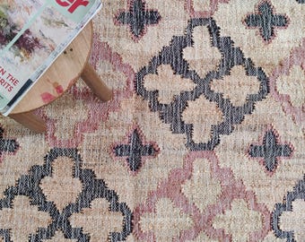 CottonJute Rug with Flower, Natural Jute Hand Woven Premium Quality Boho Style Rug Moroccan Nordic Rug Bohemian Decor Rug, Jute Rug 5x8, 6x9