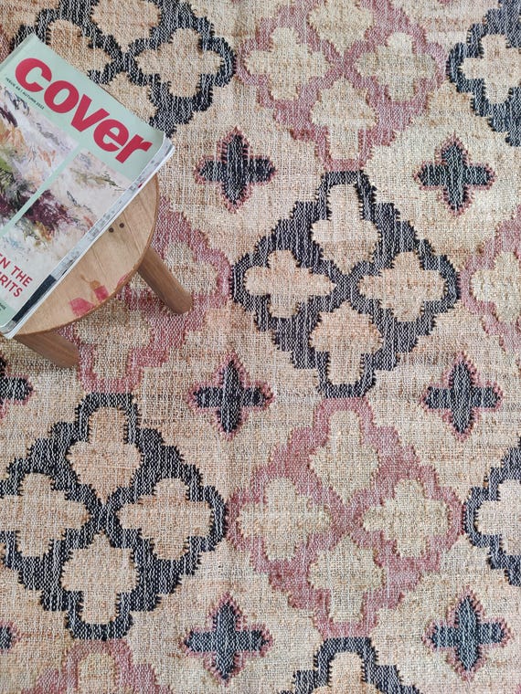 CottonJute Rug with Flower, Natural Jute Hand Woven Premium Quality Boho Style Rug Moroccan Nordic Rug Bohemian Decor Rug, Jute Rug 5x8, 6x9