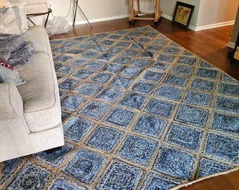 Handwoven Blue Jute Rug: Boho Diamond Pattern, Eco-Friendly 5x8 Ft Carpet