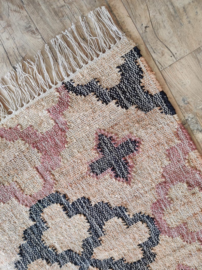 Beige Jute and Cotton Rug with Red Diamond, Natural Jute Hand Woven Premium Quality Boho Style Rug Moroccan Nordic Rug Bohemian Decor Rug