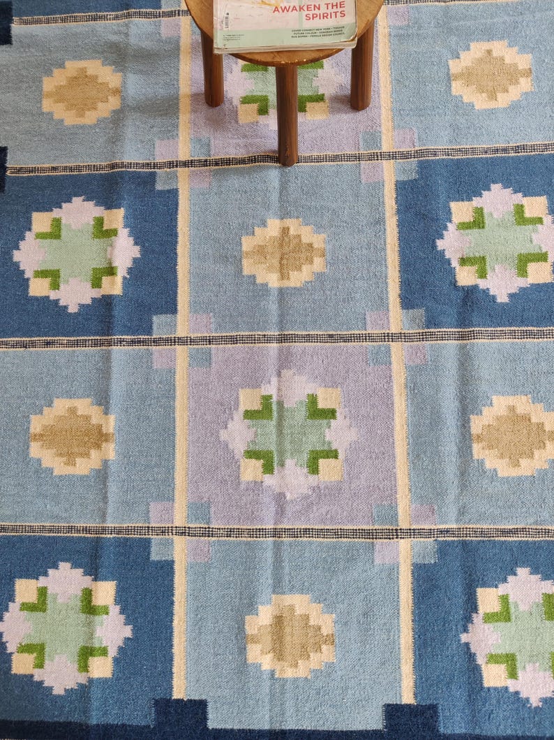 Scandinavian Rug Rollakan Blue Color, Wool Rug 5x8, Floral Kilim Area