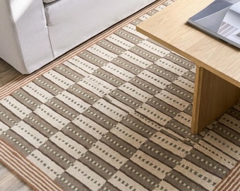 Neutral Tufted Wool Carpet, Handmade Checkered Area Rug, Modern Geometric Wool Rug, Beige Brown Living Room Carpet, Custom Wool Area Rug