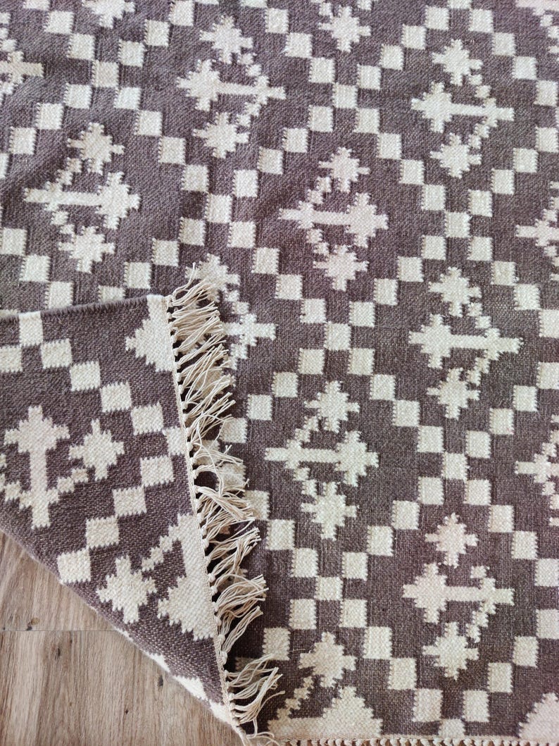 Handwoven Wool Rug, Modern Wool Brown And White Area Rug, Flatweave Rug, 5x8 Ft Kilim Woven Rug, Rugs For Bedroom, Indoor And Outdoor Rug