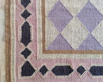 Handwoven Wool Jute Kilim Rug | Purple Geometric Checkered Flatweave | Boho Tribal Area Carpet | Sustainable Living Room Decor Rug, 5x8, 7x9