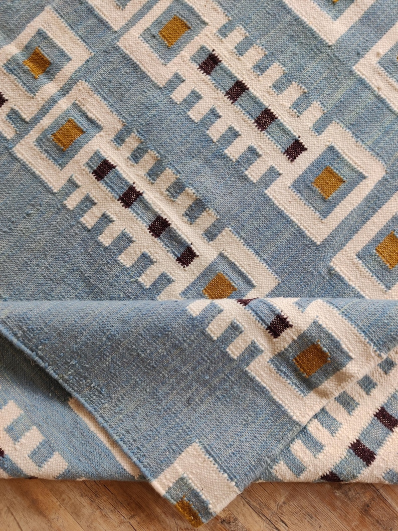 Modern Geometric Wool Rug, Handwoven Swedish Flatweave Rug, Handmade Mid Century Kilim Style Accent Rug, Blue Wool Rug 8x10, 9x12, 12x15, Modern design rug, Bedroom accent rug, Handmade kilim carpet, Indoor Rug, Personalized Rug, Luxury Rug