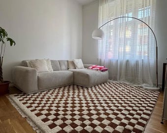Hand-Knotted Wool Rug: Brown and White Checkerboard, New Zealand Wool