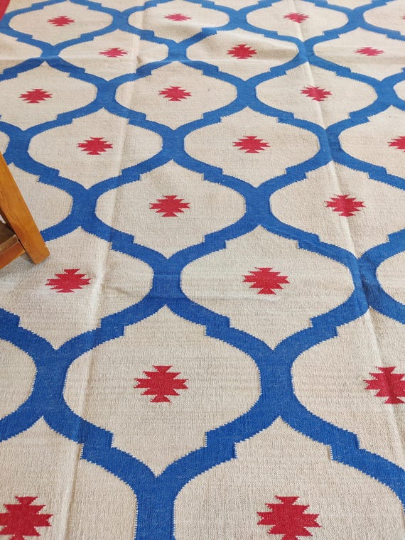 Red Geometric Cotton Dhurrie Rug: Indian Kilim Style, 10x14 Ft - Etsy