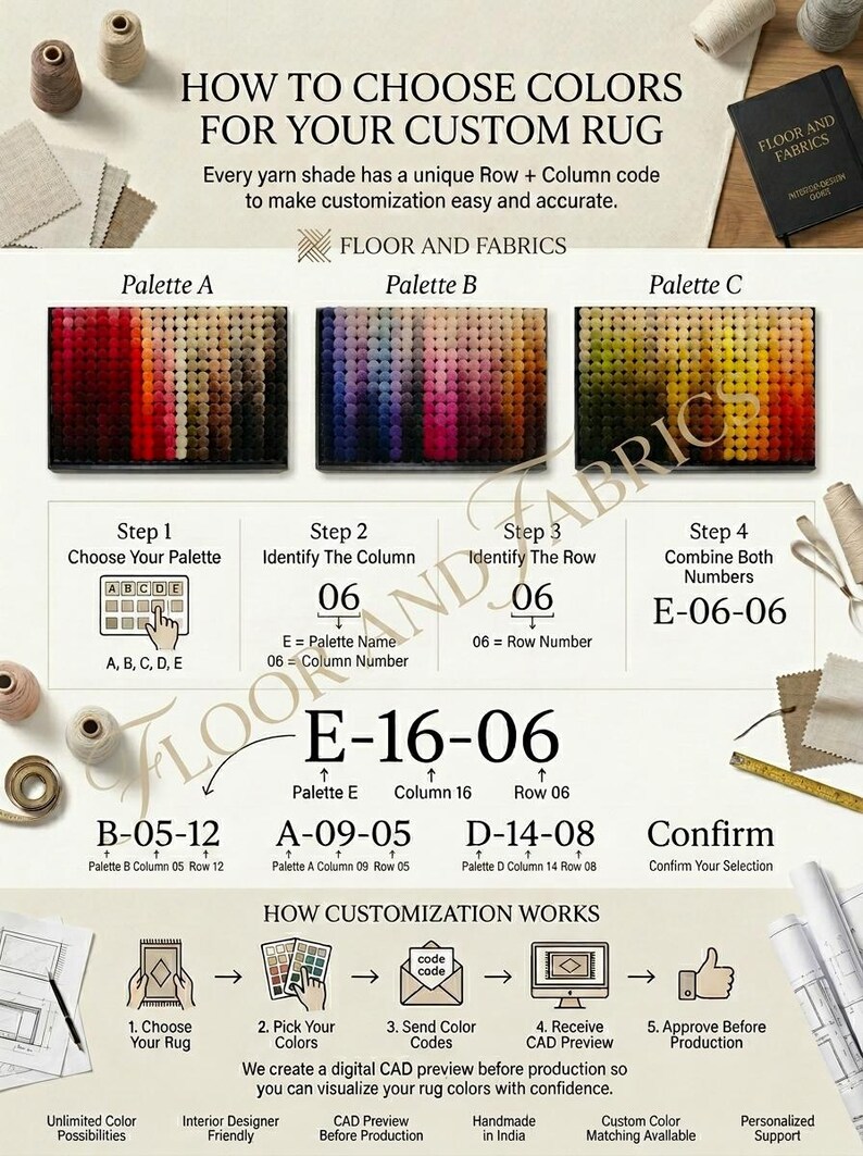 Puede incluir: Gr&aacute;fico informativo que explica c&oacute;mo personalizar una alfombra, con paletas de colores y una gu&iacute;a paso a paso. La gu&iacute;a incluye la elecci&oacute;n de una paleta, la identificaci&oacute;n de los n&uacute;meros de columna y fila y su combinaci&oacute;n. El proceso est&aacute; dise&ntilde;ado para facilitar la personalizaci&oacute;n.