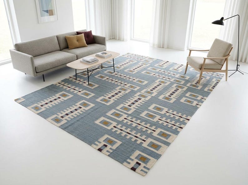 Handwoven Geometric Wool Rug: Mid Century Modern Kilim Style Dhurrie, Indoor Kilim Carpet, Bedroom, Living Room Rug, Wool Rug 8x10, 9x12 image 14