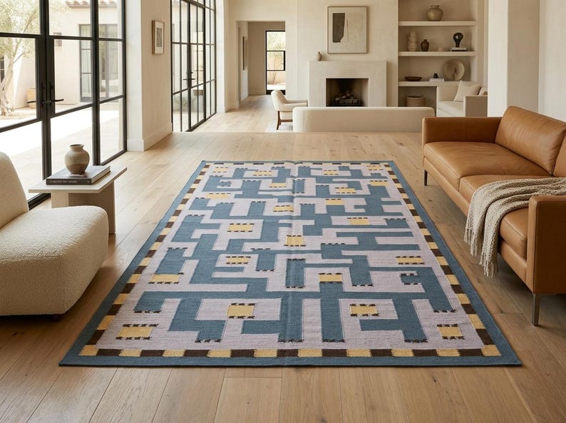 Blue Cotton Wool Rug, Handmade Geometric Area Rug, Modern Abstract Carpet, Scandinavian Flatweave Rug, Mid Century Living Room Decor Carpet image 1