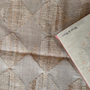 Pu&ograve; includere: Primo piano di un libro con il titolo "Warp & Weft" sulla copertina. Il libro &egrave; appoggiato su una superficie testurizzata beige e marrone.