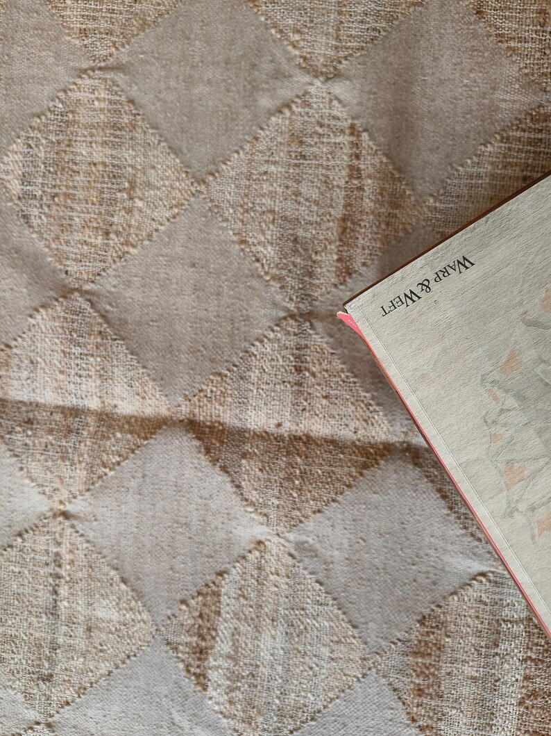 Pu&ograve; includere: Primo piano di un libro con il titolo "Warp & Weft" sulla copertina. Il libro &egrave; appoggiato su una superficie testurizzata beige e marrone.