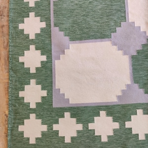 Tappeto Dhurrie in cotone fatto a mano: piastrelle geometriche blu-verdi 8x10