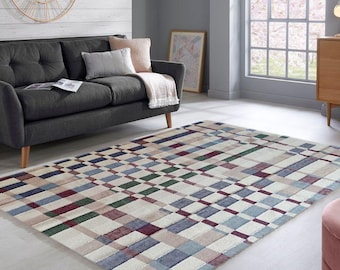Alfombra de lana a cuadros hecha a mano de 2,7 x 3,6 m, alfombra personalizada con cuadros para decoración del hogar, alfombra para dormitorio y sala de estar, alfombra de lana de tejido plano Marli, alfombra a cuadros
