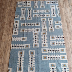 Modern Geometric Wool Rug, Handwoven Swedish Flatweave Rug, Handmade Mid Century Kilim Style Accent Rug, Blue Wool Rug 8x10, 9x12, 12x15, Modern design rug, Bedroom accent rug, Handmade kilim carpet, Indoor Rug, Personalized Rug, Luxury Rug