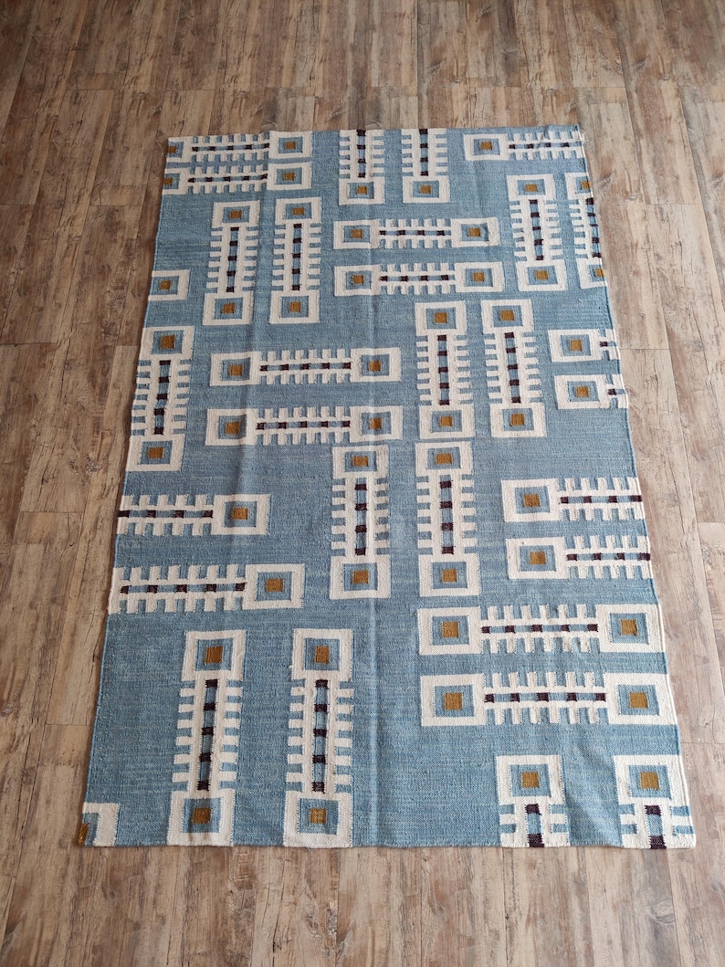 Modern Geometric Wool Rug, Handwoven Swedish Flatweave Rug, Handmade Mid Century Kilim Style Accent Rug, Blue Wool Rug 8x10, 9x12, 12x15, Modern design rug, Bedroom accent rug, Handmade kilim carpet, Indoor Rug, Personalized Rug, Luxury Rug