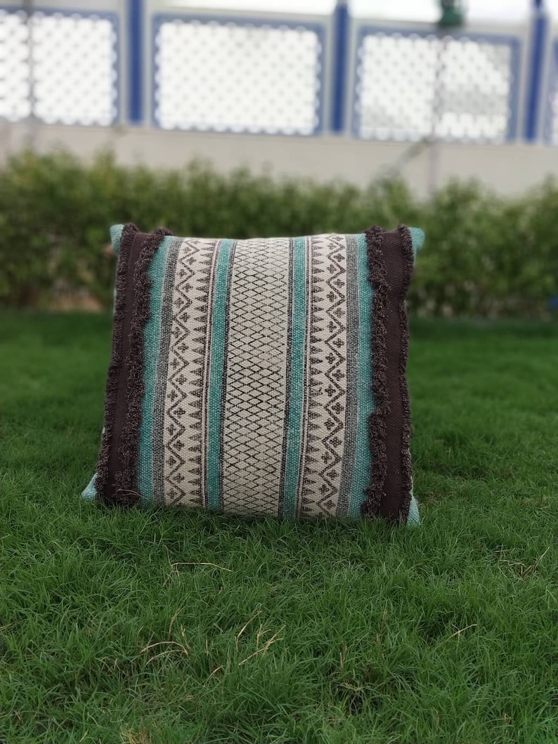 Dhurrie Pillow Cover,Cotton Cushion Cover,Printed Embroidery Shaggy Pillow Case Rustic Pillow,Decorative Couch Pillow,Etsy Cushion Cover