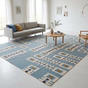 Handwoven Geometric Wool Rug: Mid Century Modern Kilim Style Dhurrie, Indoor Kilim Carpet, Bedroom, Living Room Rug, Wool Rug 8x10, 9x12 image 17