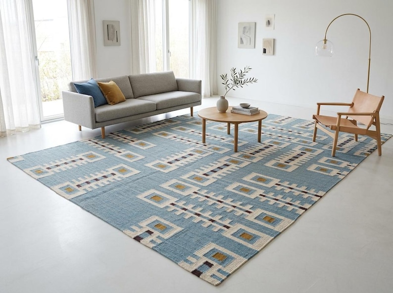 Handwoven Geometric Wool Rug: Mid Century Modern Kilim Style Dhurrie, Indoor Kilim Carpet, Bedroom, Living Room Rug, Wool Rug 8x10, 9x12 image 17