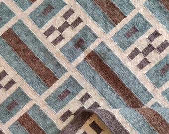 Blauwgrijs en bruin geometrisch platgeweven dhurrie, handgeweven modern wollen tapijt voor slaapkamer, woonkamer, geruit tapijt, 8 x 10, 9 x 12, 12 x 15 ft vloerkleed