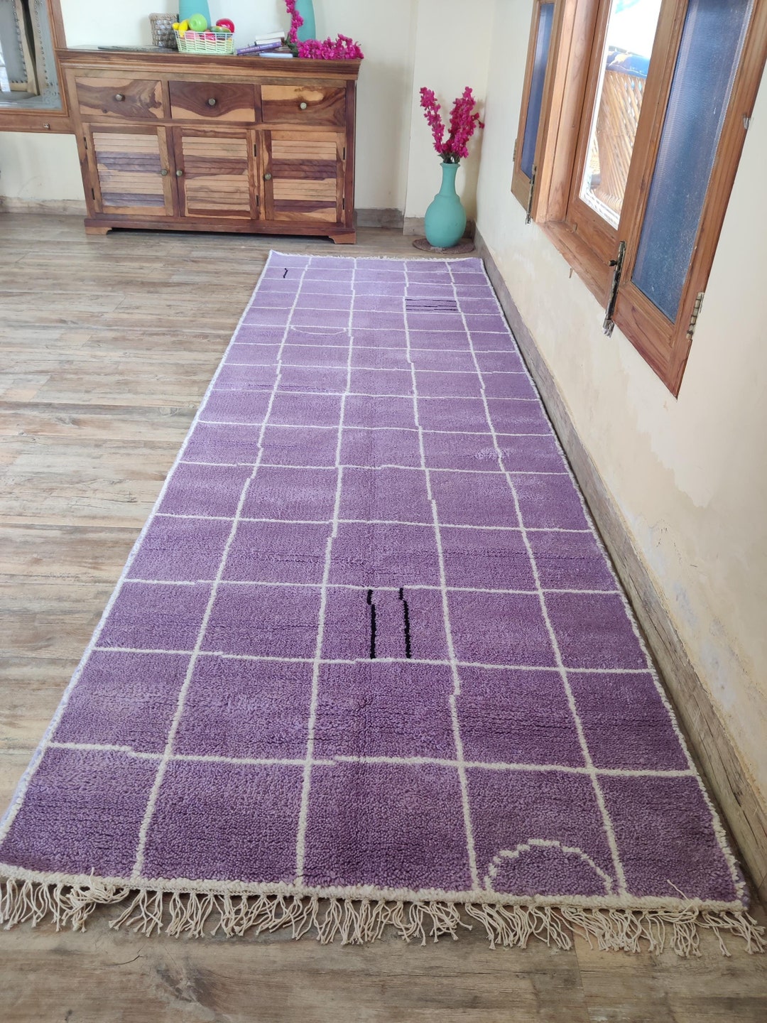 Hand-knotted Checkered Wool Runner Rug: Moroccan Hallway Stair Runner ...