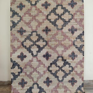 Beige Jute and Cotton Rug with Red Diamond, Natural Jute Hand Woven Premium Quality Boho Style Rug Moroccan Nordic Rug Bohemian Decor Rug