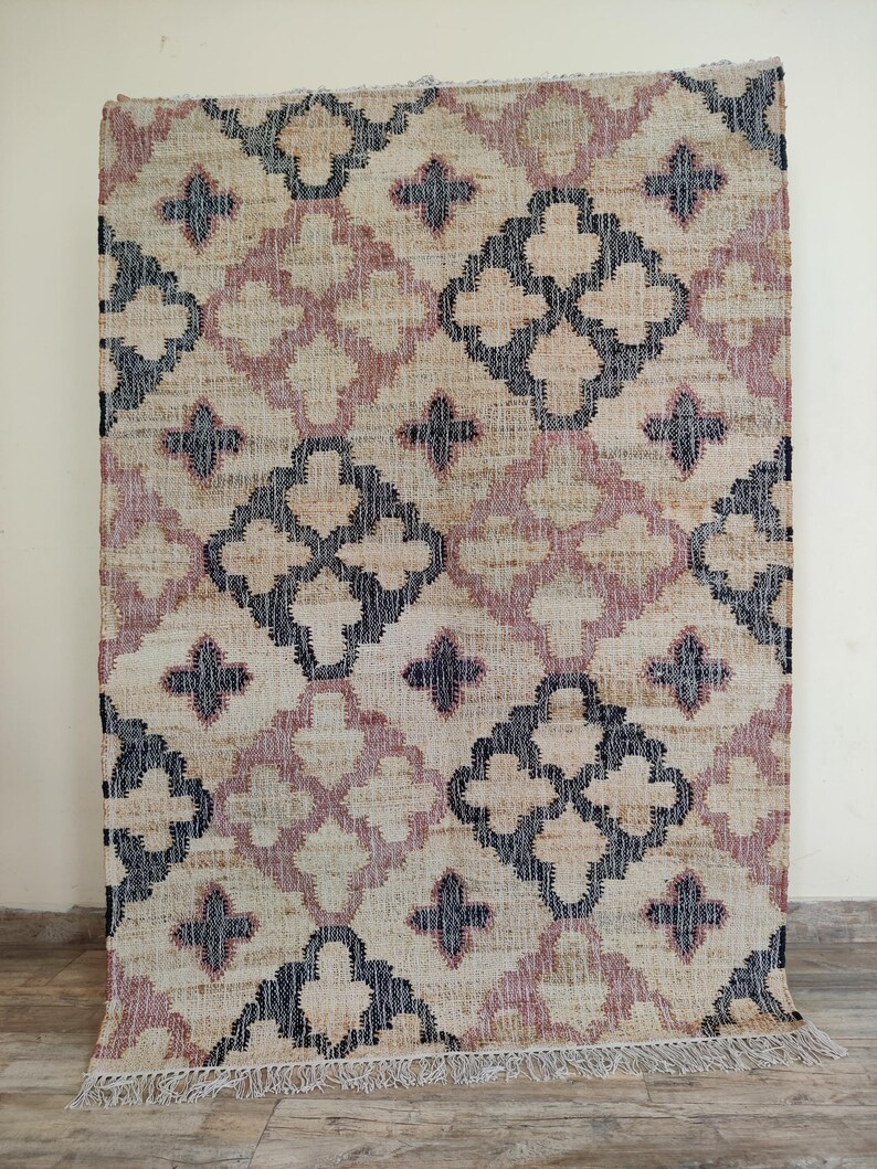 Beige Jute and Cotton Rug with Red Diamond, Natural Jute Hand Woven Premium Quality Boho Style Rug Moroccan Nordic Rug Bohemian Decor Rug