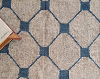 Handwoven Wool Jute Kilim Rug: Geometric Flatweave, Indoor Outdoor