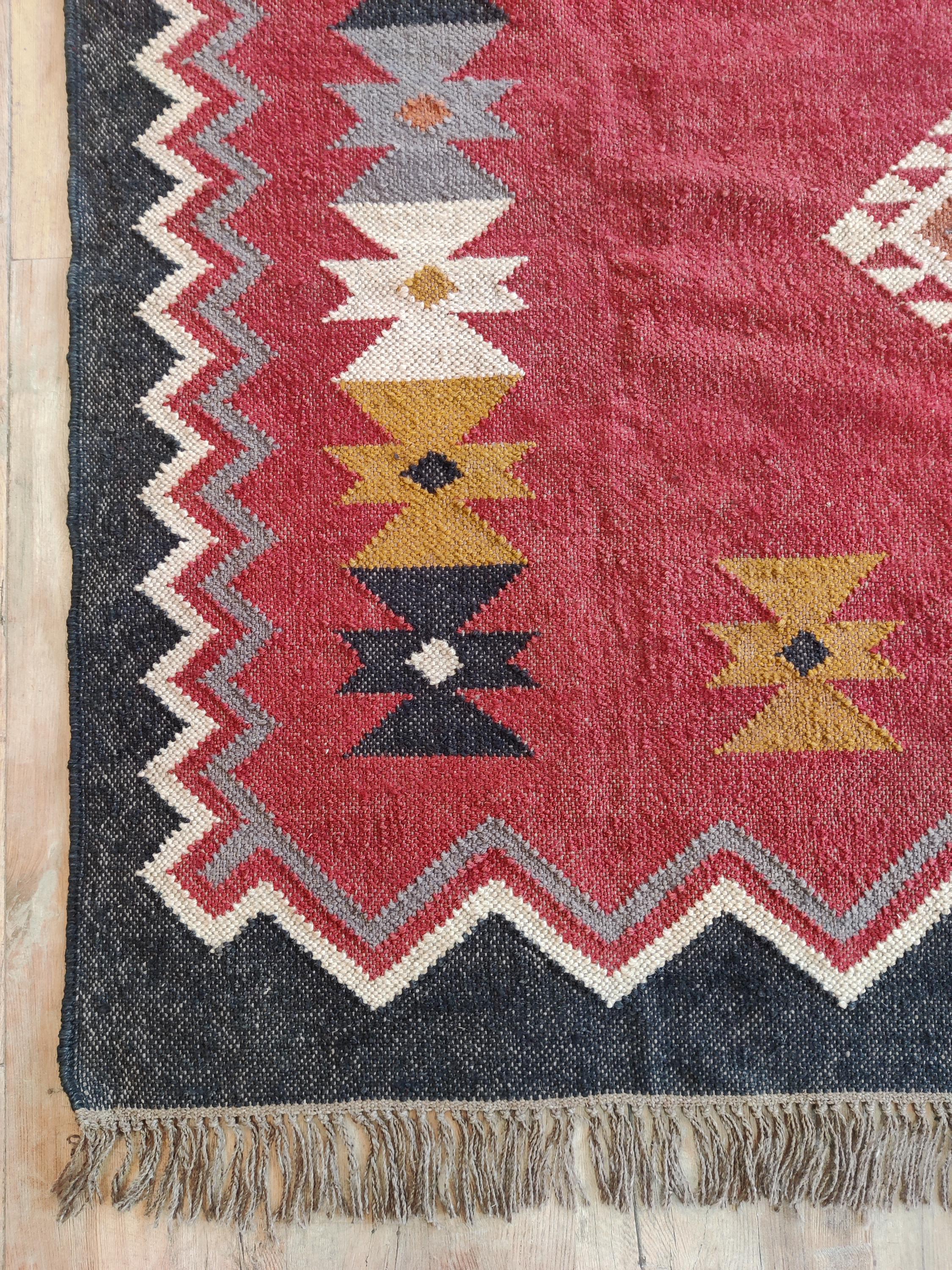 Handmade Navajo Kilim Rug, Aztec Rug, Accent Rug, Outdoor Rug/Indoor Rug, Living/dining Room 4X6 Ft. Wool Jute Kilim Rug, Indian Dhurrie Rug