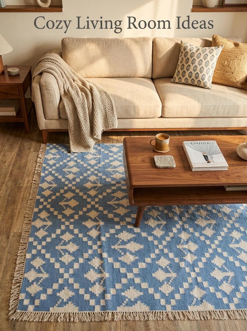 Puede incluir: Un sal&oacute;n acogedor con una alfombra azul y crema con estampado geom&eacute;trico y flecos. Una mesa de centro de madera con un libro y una taza. Un sof&aacute; beige con cojines y una manta completan la escena. El texto en la parte superior dice "Cozy Living Room Ideas".