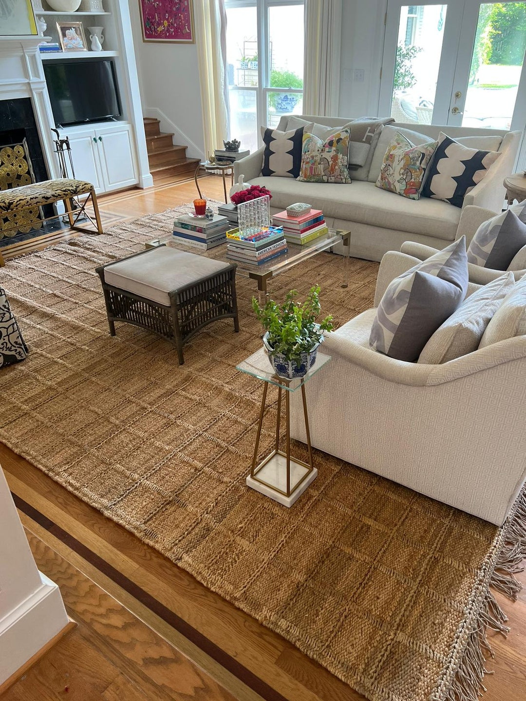 7x9 Handmade Hemp Rug, Geometric Check Rug, Handwoven Custom Size Area