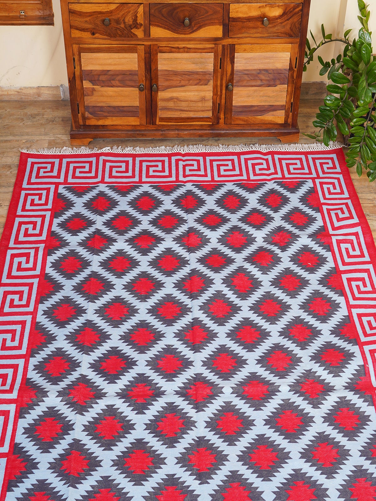 Large Antique Rug Diamond Pattern Vintage Cotton Geometric Rug, Modern Handmade Cotton Area Rug, Diamond ...