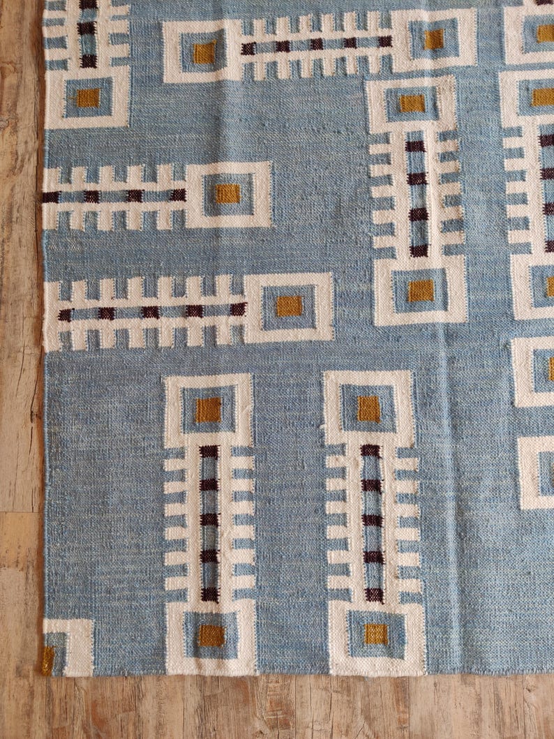 Modern Geometric Wool Rug, Handwoven Swedish Flatweave Rug, Handmade Mid Century Kilim Style Accent Rug, Blue Wool Rug 8x10, 9x12, 12x15, Modern design rug, Bedroom accent rug, Handmade kilim carpet, Indoor Rug, Personalized Rug, Luxury Rug