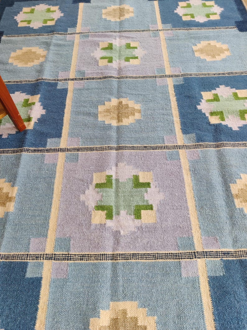 Scandinavian Rug Rollakan Blue Color, Wool Rug 5x8, Floral Kilim Area