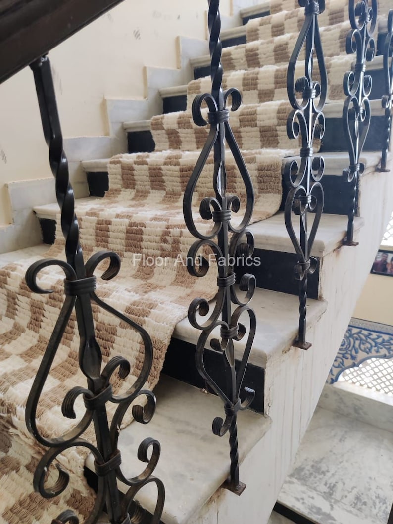 Stair Area Runner Rug - Modern Irregular Checkered Wool Dhurrie, Home Decor Step Area Rug, Stairway Padded Personalization Custom Rug