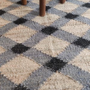 Handwoven Jute Hemp Rug, Black Grey Geometric Diamond Flatweave Carpet, Sustainable Natural Fiber Area Rug for Living Room 5x8, 6X9, 8X10, 
jute hemp rug,

geometric jute rug,

diamond pattern carpet,

natural fiber rug,

handwoven jute rug,

eco friendly rug,

sustainable floor rug,

neutral tone carpet,

boho farmhouse rug,

black grey jute rug,

flatweave area rug,

rustic decor rug