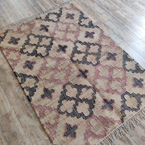 Beige Jute and Cotton Rug with Red Diamond, Natural Jute Hand Woven Premium Quality Boho Style Rug Moroccan Nordic Rug Bohemian Decor Rug