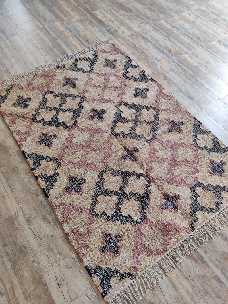 Beige Jute and Cotton Rug with Red Diamond, Natural Jute Hand Woven Premium Quality Boho Style Rug Moroccan Nordic Rug Bohemian Decor Rug