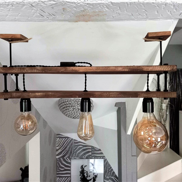 Suspension style industriel, luminaire bois, plafonnier personnalisable