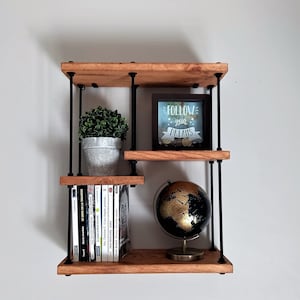 Industrial style solid wood and metal wall shelf, assembled, ready to install and customizable