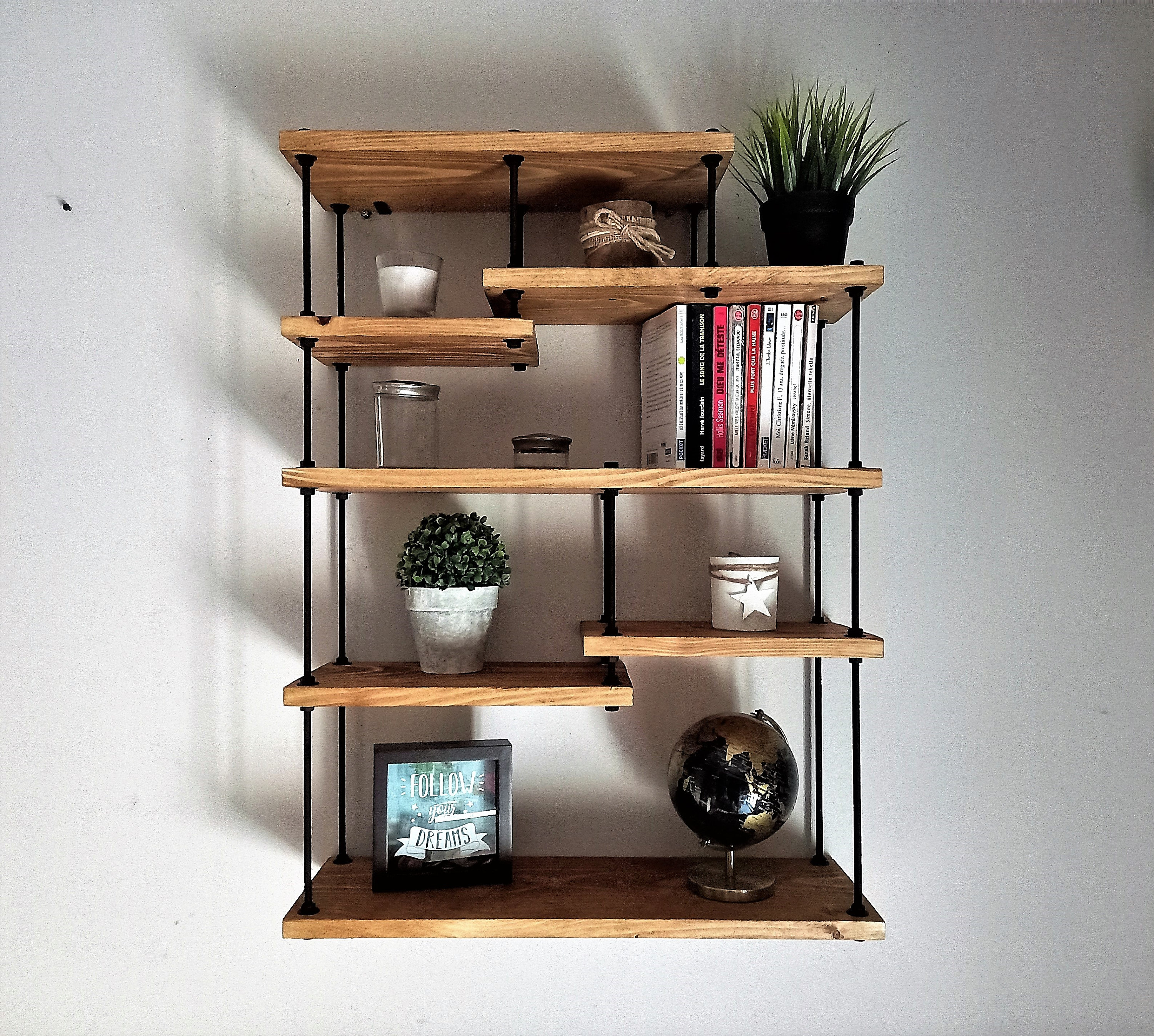 Etagère en Bois de Style Industriel, Bibliothèque, Étagère Murale Pour Décoration, Pots, Épices, Bou