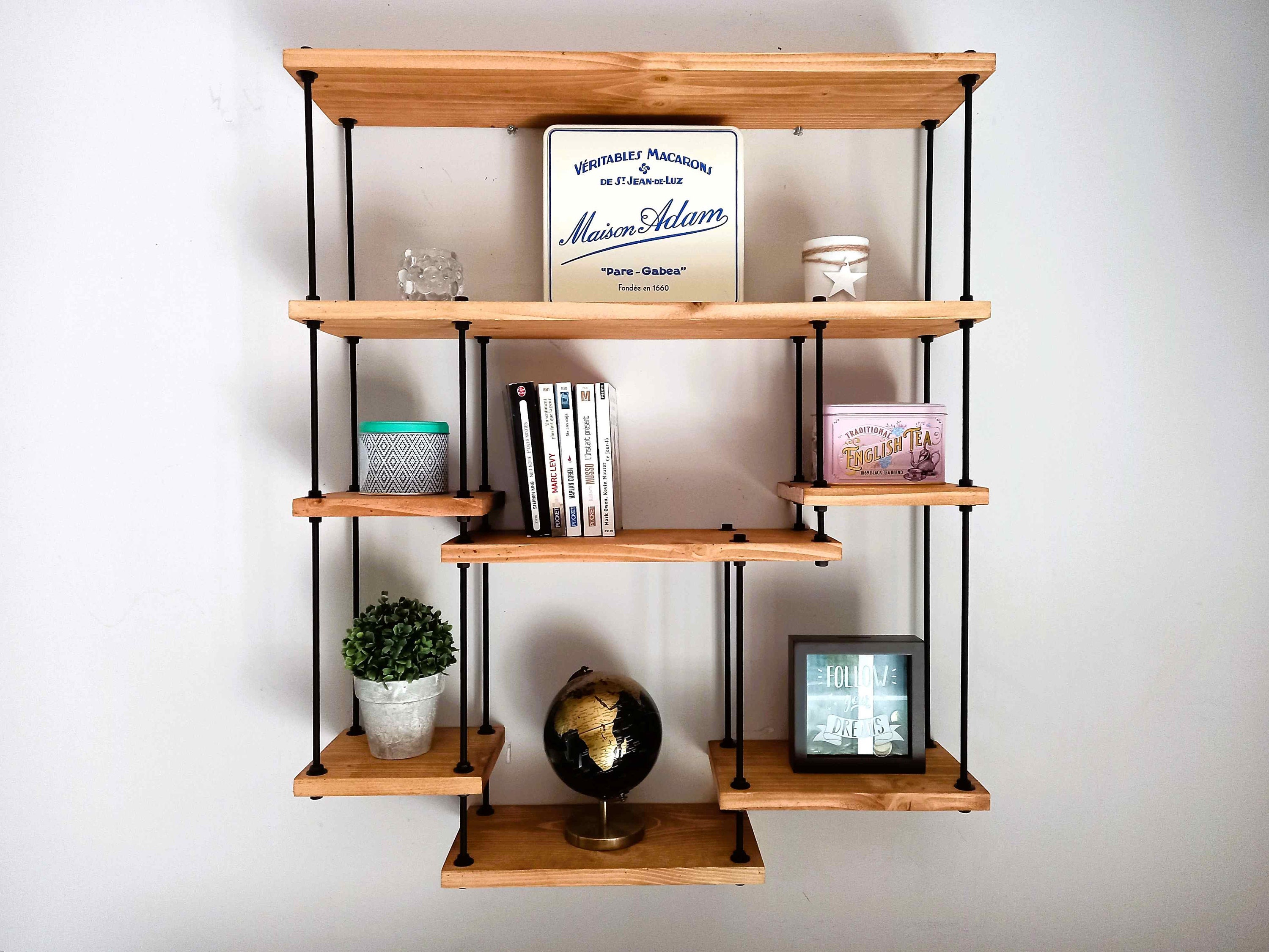 Etagère en Bois de Style Industriel, Bibliothèque, Étagère Murale Pour Décoration, Pots, Épices, Bou