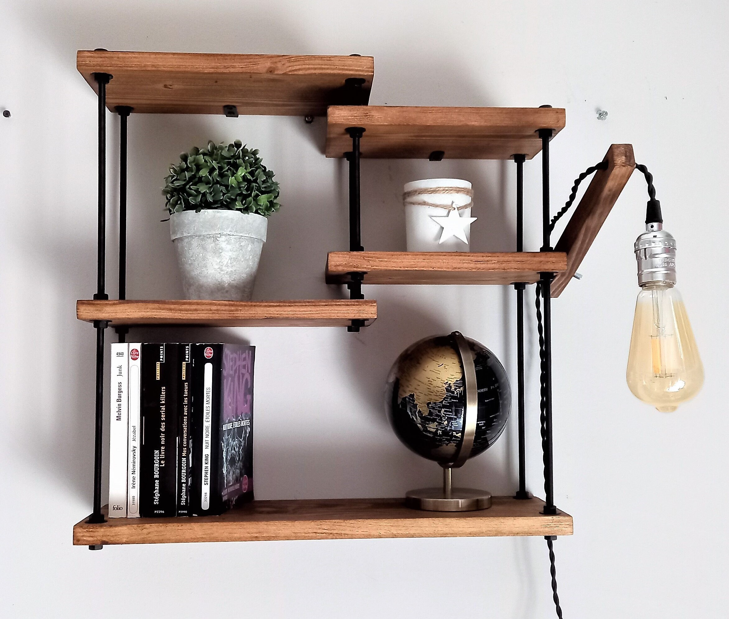 Etagère en Bois de Style Industriel, Bibliothèque, Étagère Murale Pour Décoration, Pots, Épices, Bou