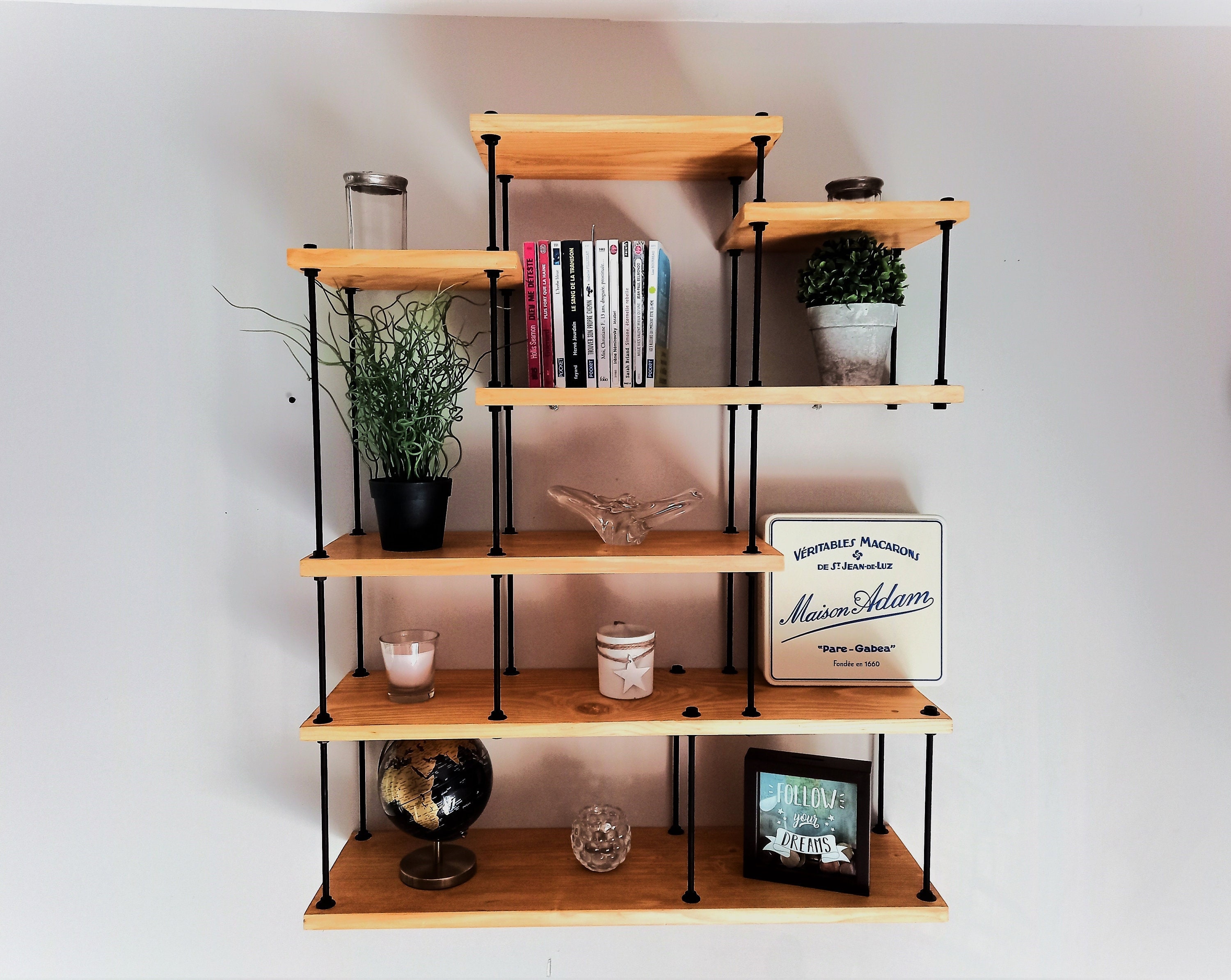 Etagère en Bois de Style Industriel, Bibliothèque, Étagère Murale Pour Décoration, Pots, Épices, Bou