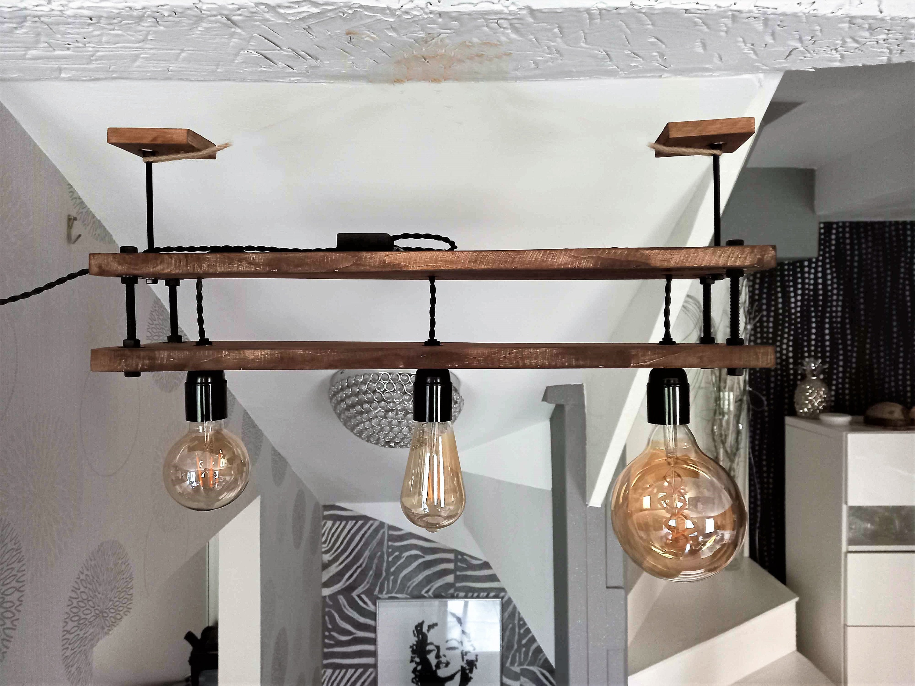 Suspension Style Industriel, Luminaire Bois, Plafonnier